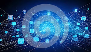 Abstract blue network of data nodes and connections glowing image