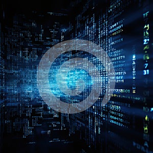 Dark blue background with computer code