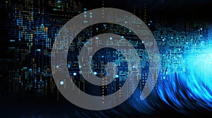 Dark blue background with computer code