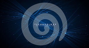 Dark blue background features interconnected lines and nodes, creating a network-