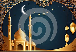 Dark blue background with golden stylizing crescent moon and mosque. Greeting card concept of Ramadan Kareem Mubarak and