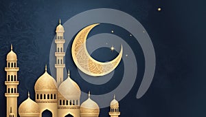 Dark blue background with golden stylizing crescent moon and mosque. Web banner with copy space. Greeting card concept