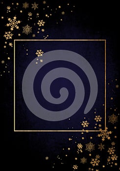 Dark blue background with luxery golden golden frame and snowflakes. Golden frame for winter themes