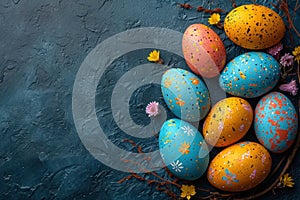 Dark blue background with painted eggs, napkin Easter banner