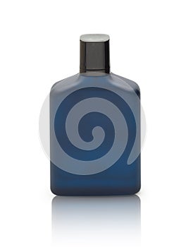 Dark blue Bottle of Perfume isolated on white background with reflection and clipping path.