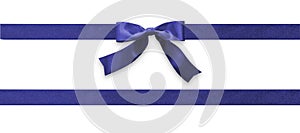 Dark blue bow ribbon band satin navy stripe fabric isolated on white background with clipping path for Christmas holiday gift