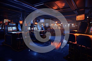 dark blue casino interior with orange casino tables and a bank of slot machines