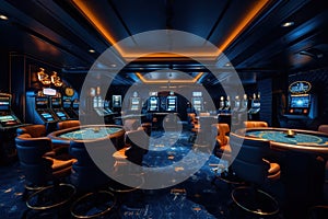 dark blue casino interior with orange casino tables and a bank of slot machines