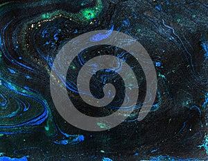 Dark blue chaos image, with gold space abstract background and swirls, glitter. Cosmic, galactic maybe.