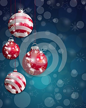 Dark blue Christmas background bokeh with hung red baubles. Vector
