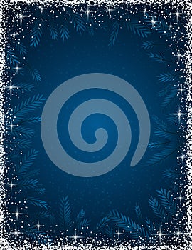 Dark blue christmas background with white frame of snow, vecto