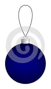 Dark blue Christmas ball hanging on a thread isolated on a white background.