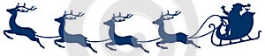 Dark Blue Christmas Sleigh Santa And Four Flying Reindeers Bent