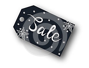 Dark blue color price tag with snowflakes, isolated on white background