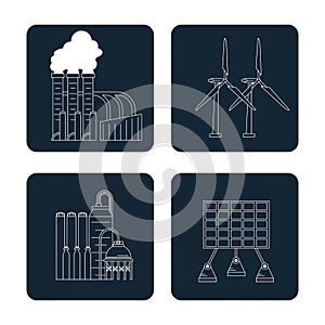 Dark blue color square buttons set silhouette with type of renewable energy