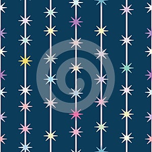 Dark blue, colorful geometric vector pattern, seamless repeat, vertical stripes with stars