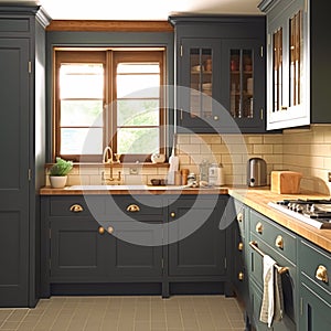 Dark blue country kitchen design, interior decor and house improvement, classic English in frame kitchen cabinets, countertop and