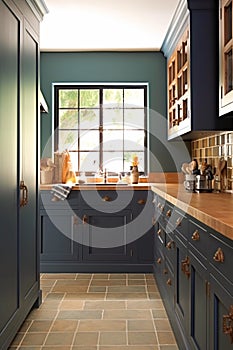 Dark blue country kitchen design, interior decor and house improvement, classic English in frame kitchen cabinets, countertop and