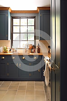 Dark blue country kitchen design, interior decor and house improvement, classic English in frame kitchen cabinets, countertop and