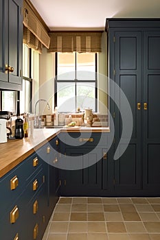 Dark blue country kitchen design, interior decor and house improvement, classic English in frame kitchen cabinets, countertop and