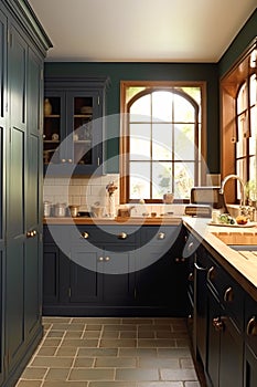 Dark blue country kitchen design, interior decor and house improvement, classic English in frame kitchen cabinets, countertop and