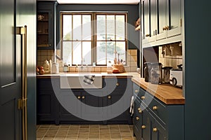 Dark blue country kitchen design, interior decor and house improvement, classic English in frame kitchen cabinets, countertop and