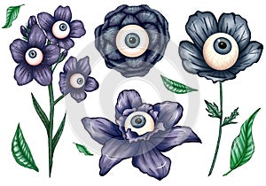 Dark blue creepy Halloween flowers with eyeballs, Halloween design elements, scary botanica photo