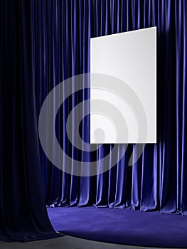 Dark blue curtains, poster and carpet.