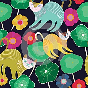 Dark blue with cute cats seamless pattern background design.