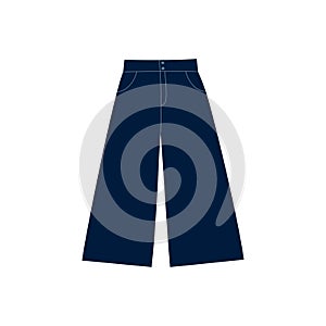 Dark blue denim culotte pants. Trousers with normal waist, high rise, calf length, wide legs and pockets. Doodle flat photo