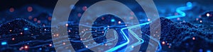 Dark blue digital landscape, glowing circuits data streams, data, internet