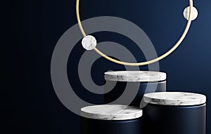 Dark blue edged podium marble and gold edged circle elegant and modern on dark blue background