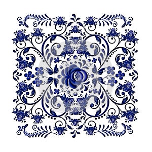 Dark blue floral ornament in national Russian style Gzhel on white background.