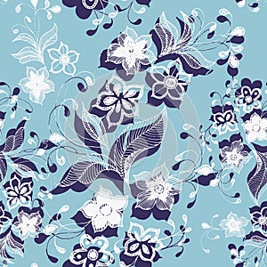 Dark blue flowers with white lace flowers. Vector.