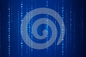 Dark blue flowing digital binary code rain background.