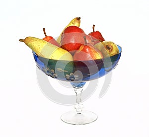 Dark blue glass vase with fruit