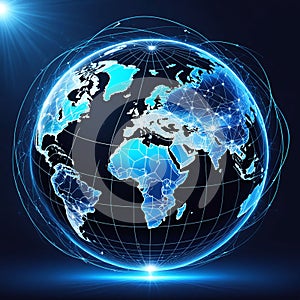 Dark blue globe planet earth covered with global network blue bg