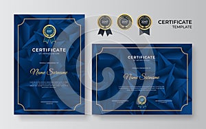 Dark blue and gold certificate template. Modern blue certificate award or diploma template set of two, portrait and landscape