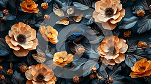 Dark blue and gold luxury background with floral shapes and bird