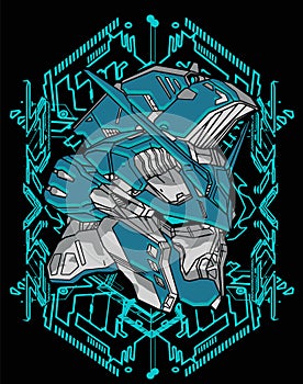Dark blue gundam samurai warrior head masker cyberpunk background for t-shirt poster sticker design