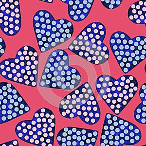 Dark blue heart in pink, light blue dots. Watercolor painting seamless pattern, pink background. Polka-dot. Holiday/Valentine`s da