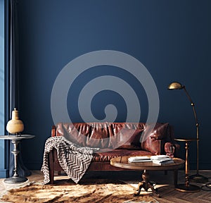 Dark blue home interior with old retro furniture, hipster style