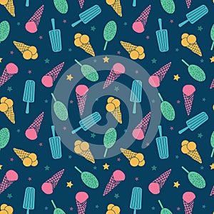 Dark blue ice cream and candy seamless pattern