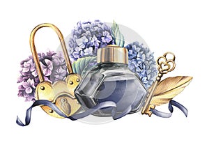 Dark blue ink in a glass inkwell with a gold lock, key and feather, with hydrangea flowers and ribbons. Hand drawn