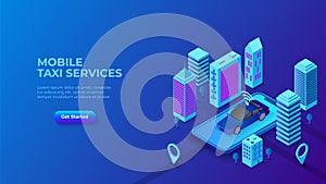 Dark blue isometric vector illustration. Mobile taxi service design concept with smartphone, car and city