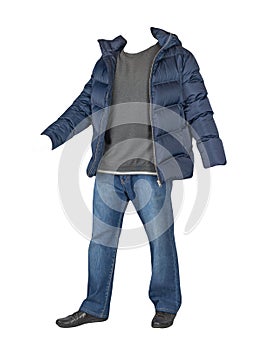 Dark blue jeans,sweater,  jacket with a hood and  black leather shoes isolated on white background. Casual style