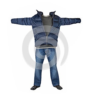 Dark blue jeans,sweater,  jacket with a hood and  black leather shoes isolated on white background. Casual style