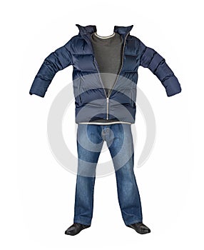 Dark blue jeans,sweater,  jacket with a hood and  black leather shoes isolated on white background. Casual style