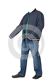 Dark blue jeans,sweater,  jacket with a hood and  black leather shoes isolated on white background. Casual style