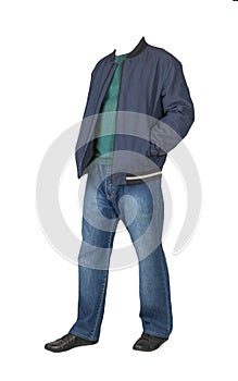 Dark blue jeans,sweater,  jacket with a hood and  black leather shoes isolated on white background. Casual style
